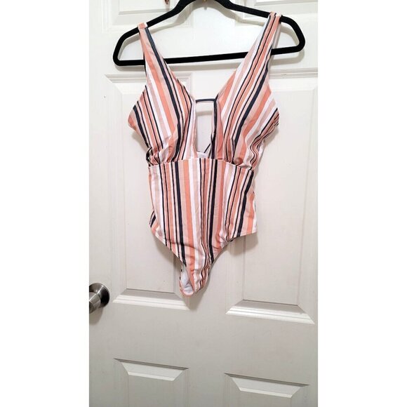 Cupshe Striped V-Neck One-Piece Swimsuit Size M Peach & Navy - Picture 1 of 7